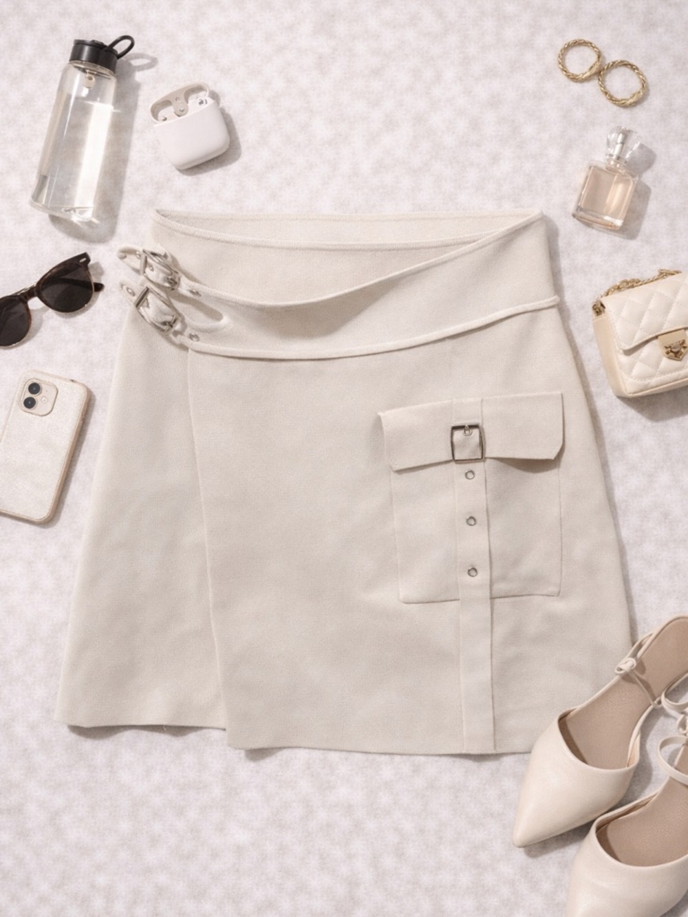 Women’s Cream A-Line Mini Skirt with Buckle Pocket Detail